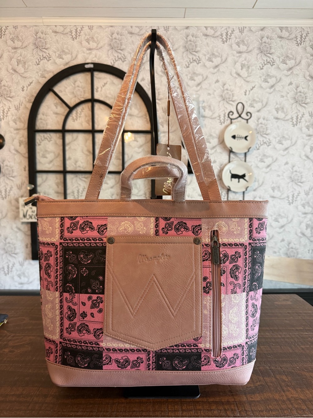 Wrangler Pink Patchwork Tote Bag with Faux Leather Trim and Bling - Picture 2 of 6